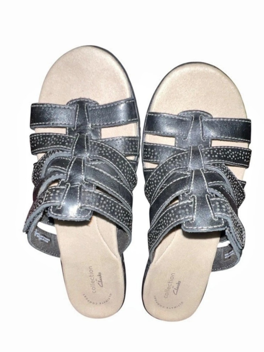 NWT Clarks Leisa Black Leather Perforated Strappy Comfort Slide Sandals Size 8M